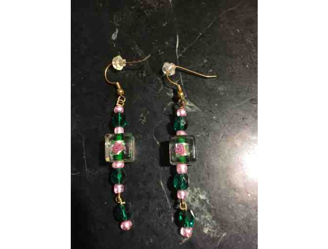 One-of-a-Kind Hand-Blown Czechoslovakian Pink Rose Glass w/Pink & Green Bead Earrings