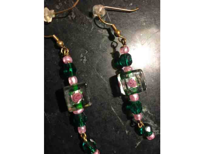 One-of-a-Kind Hand-Blown Czechoslovakian Pink Rose Glass w/Pink & Green Bead Earrings