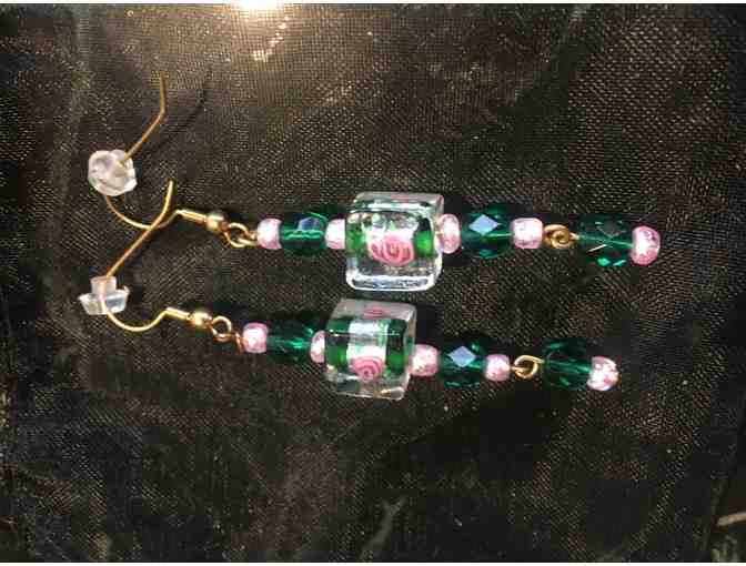 One-of-a-Kind Hand-Blown Czechoslovakian Pink Rose Glass w/Pink & Green Bead Earrings