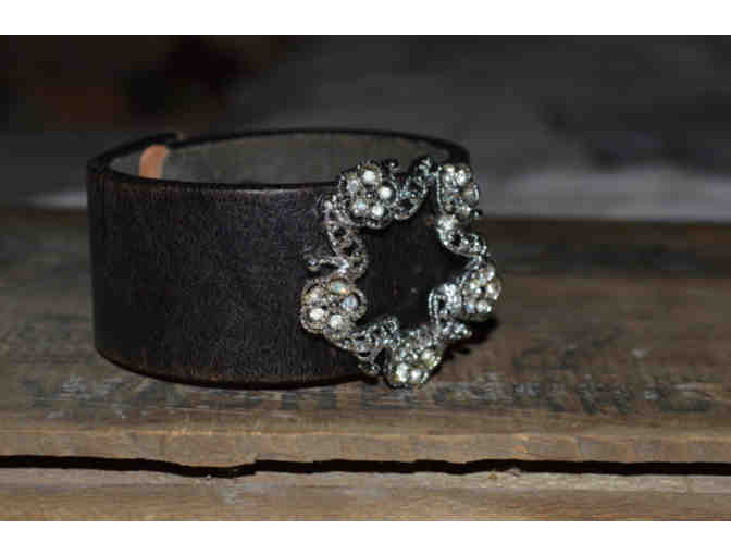 Woman's Brown Leather Rhinestone Cuff Bracelet