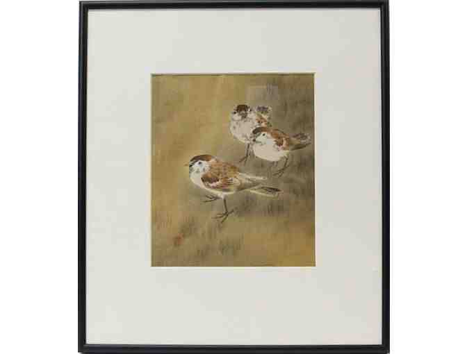 Sweet Japanese Watercolor of Sparrows, late 19th C.