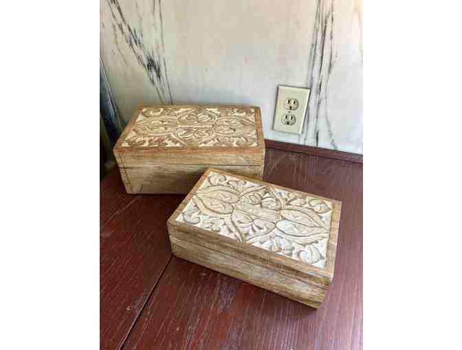 Set of 2 Hand Carved Nesting Wooden Boxes - Photo 2