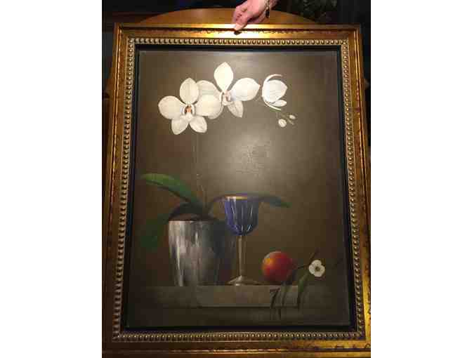 Still Life oil painting in a gold leaf frame by Wilmer.