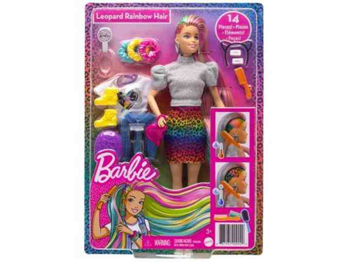 Barbie Leopard Rainbow Hair Doll with Color-Change Hair Feature and 16 Accessories