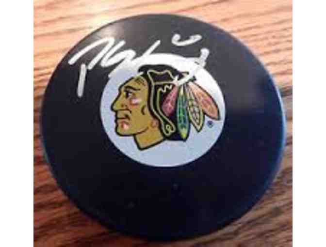 GOAL! Blackhawks puck signed by Patrick Sharp & Handcrafted Blackhawks Chicago flag