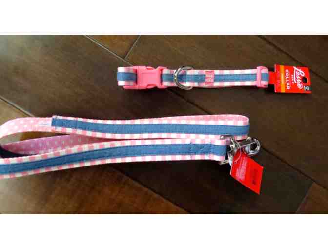 Pink Plaid and Denim Leash and Collar Set- Medium Collar