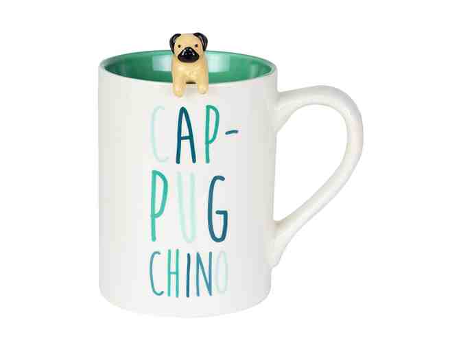 Enesco | White & Green 'Cap-Pug-Chino' Mug & Pug Figure Spoon