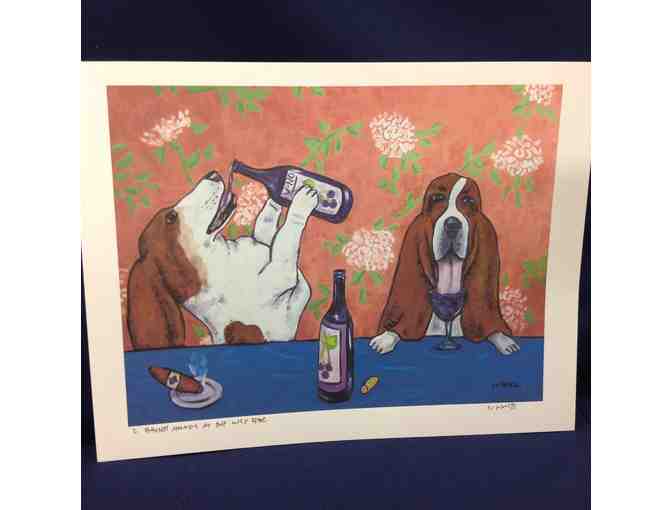 Schmetz signed print (and handprinted title) - 'Basset Hounds at the Wine Bar'
