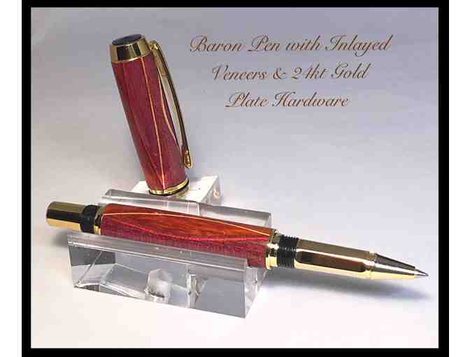 Luxury Baron Pen with Veneer Inlays, 24kt Gold Plate Hardware & Wooden Case