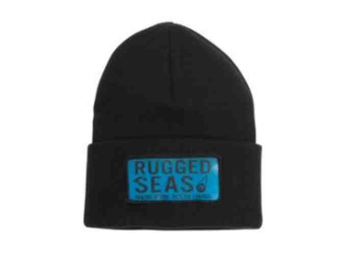 Rugged Seas black youth hoodie (L) and beanie cap from Beach Grass