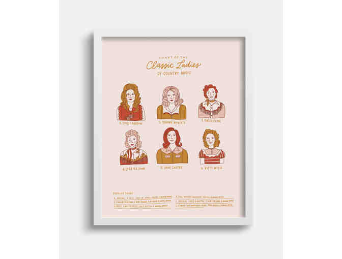 Hand illustrated 'Chart of Classic Ladies of Country Music' print and Dolly Parton Vinyl Sticker