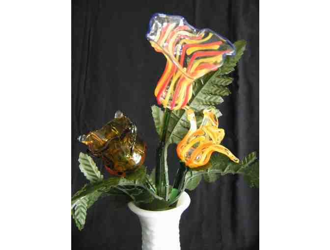 Original Handcrafted Glass Art - 3 Flowers in a Hobnail Vase with Greenery