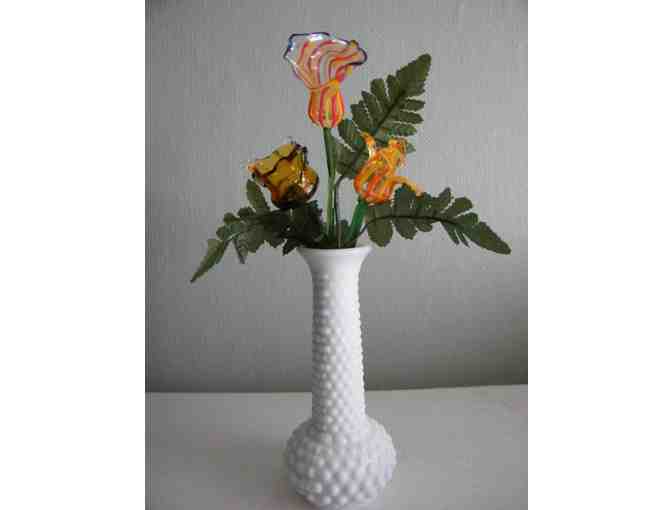 Original Handcrafted Glass Art - 3 Flowers in a Hobnail Vase with Greenery