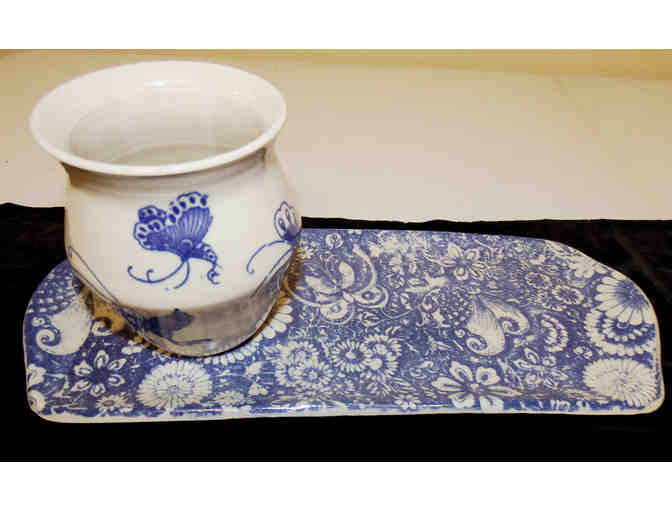 Handmade Pottery Tray and Small Vase with Butterfly Design