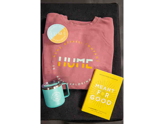 Hume Lake Crew Sweatshirt, Hume Mug + Sticker, and Meant For Good Signed Book