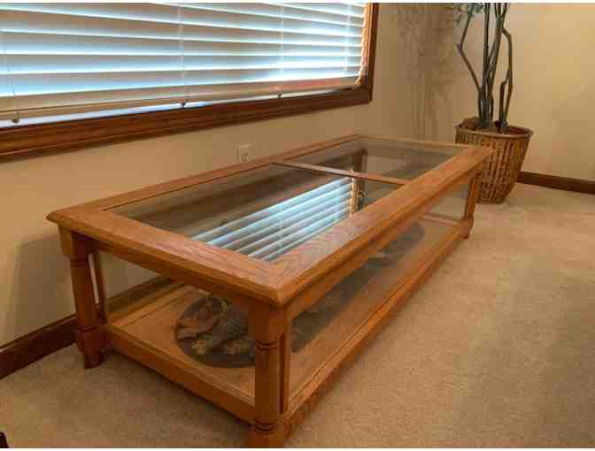 Oak and Glass Coffee Table /Display Case with hand-carved and hand-painted Quail