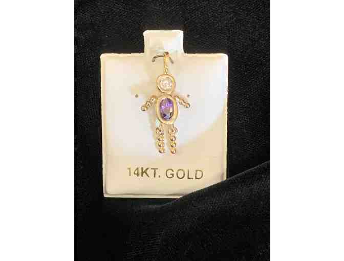 14K Yellow Gold Doll Pendant with Amethyst and Cubic Zirconia