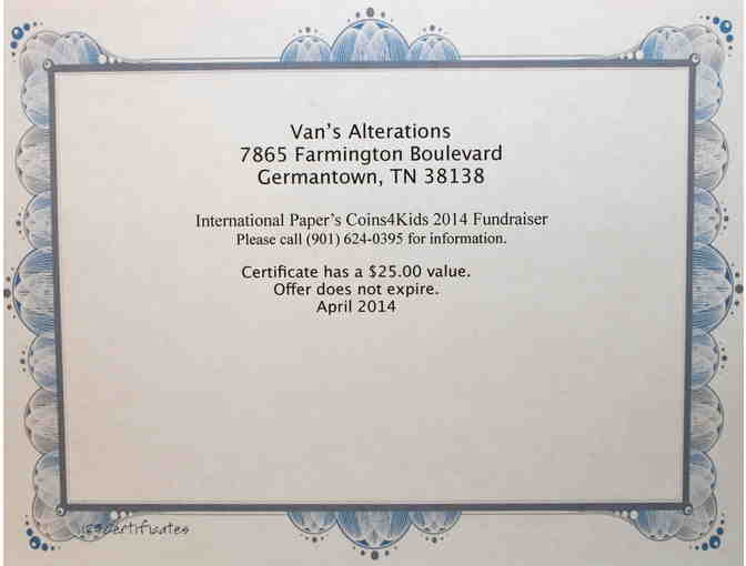 Van's Alterations - $25 Gift Certificate