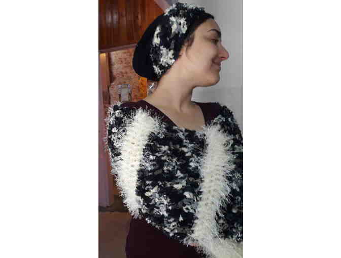 Hand crocheted black and white shawl with matching headband