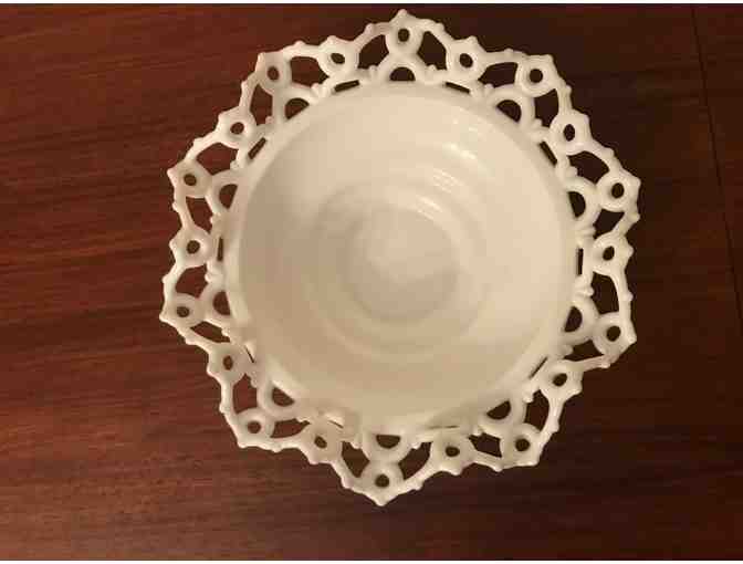 Atterbury lace edge milk glass bowl with crimped ruffle openwork border