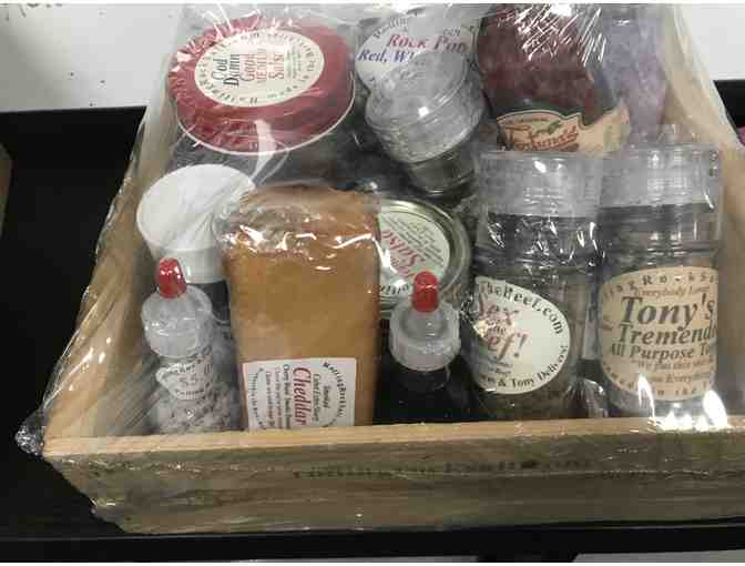 Spicy Gift Basket: Rolling Rock Salt basket full of spices and salts, cheeses