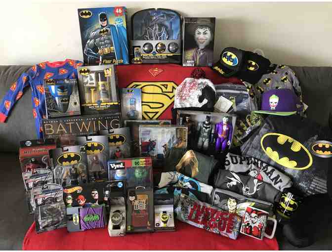 HUGE Basket of DC Entertainment Themed Toys, Clothing, and Collectibles!