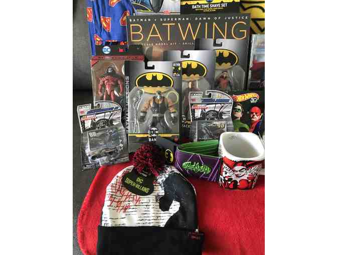 HUGE Basket of DC Entertainment Themed Toys, Clothing, and Collectibles!