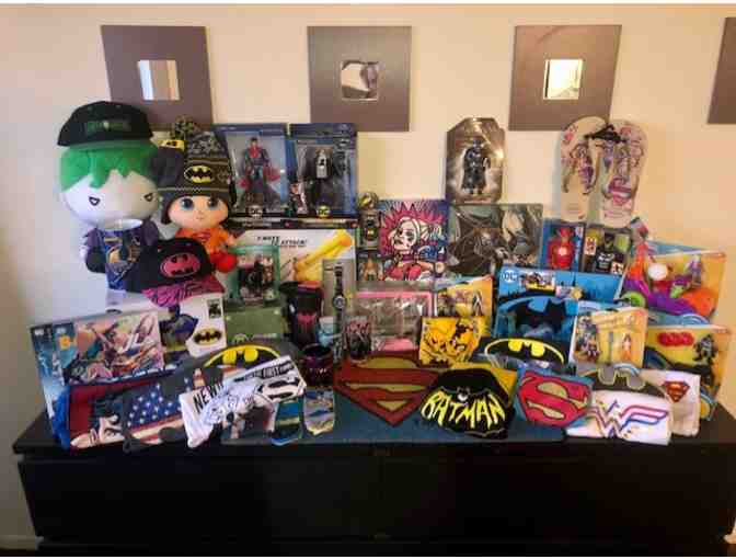 HUGE Basket of DC Entertainment Themed Toys, Clothing, and Collectibles!