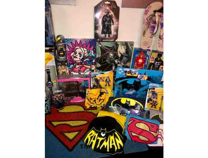 HUGE Basket of DC Entertainment Themed Toys, Clothing, and Collectibles!