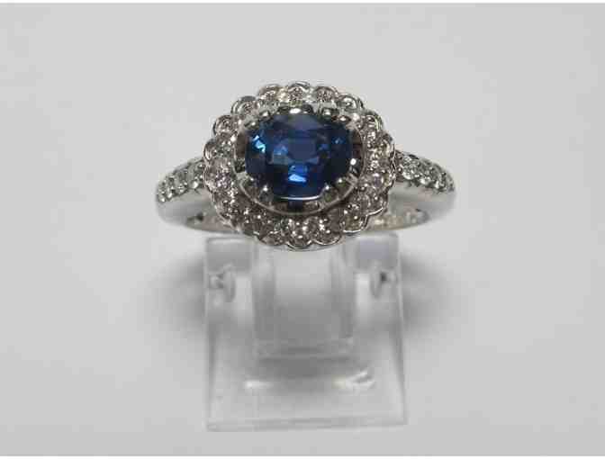 Sapphire and Diamond Ring - 18K White Gold, Oval Sapphire, Brilliant Cut Diamonds