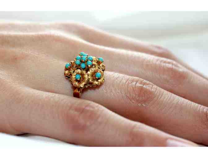 Floral Design Turquoise Ring, 18K Yellow Gold