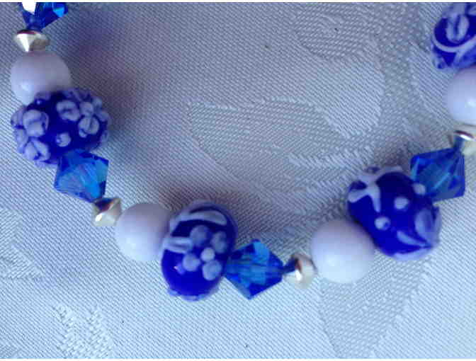 Blue, White and Sterling Silver Lampwork and Glass Bracelet