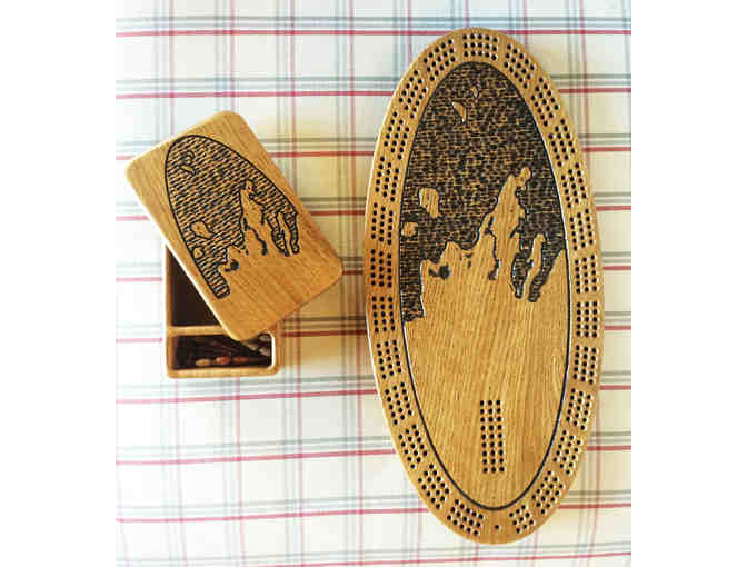 Carved Wooden Leelanau Cribbage Board with Card and Peg Box