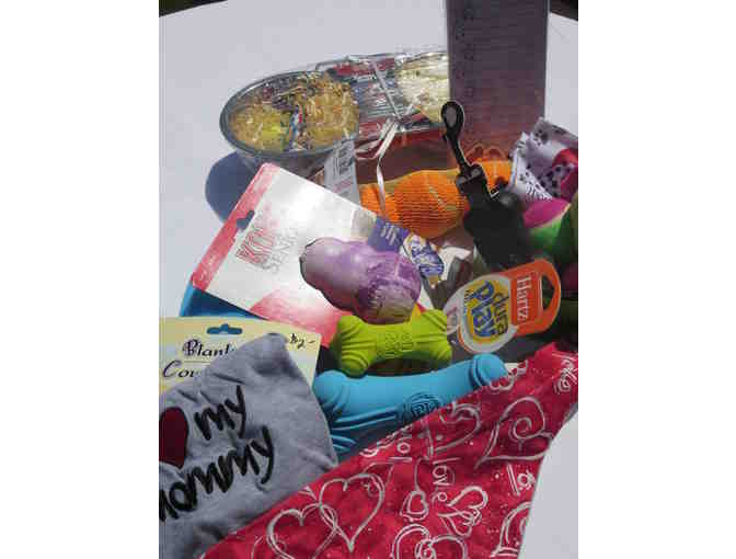 Awesome box filled with dog toys, dishes and handmade bandanas