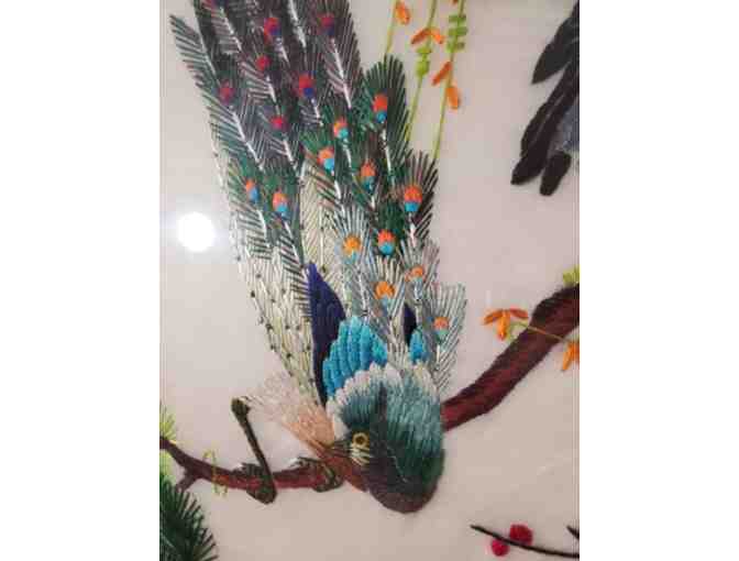 Embroidered Silk Wall Art: Perched Peacock