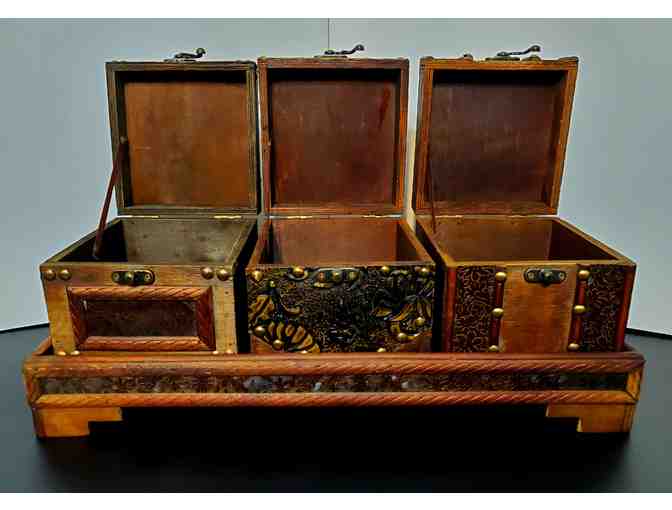 Wooden Boxes (3) on tray: beautiful decorative brass-relief