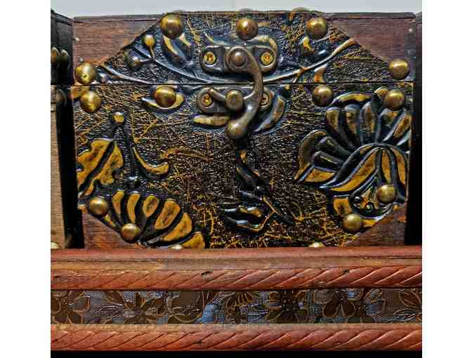 Wooden Boxes (3) on tray: beautiful decorative brass-relief