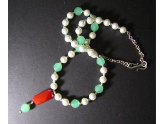 Faux Pearl, Green Glass & Silver Necklace