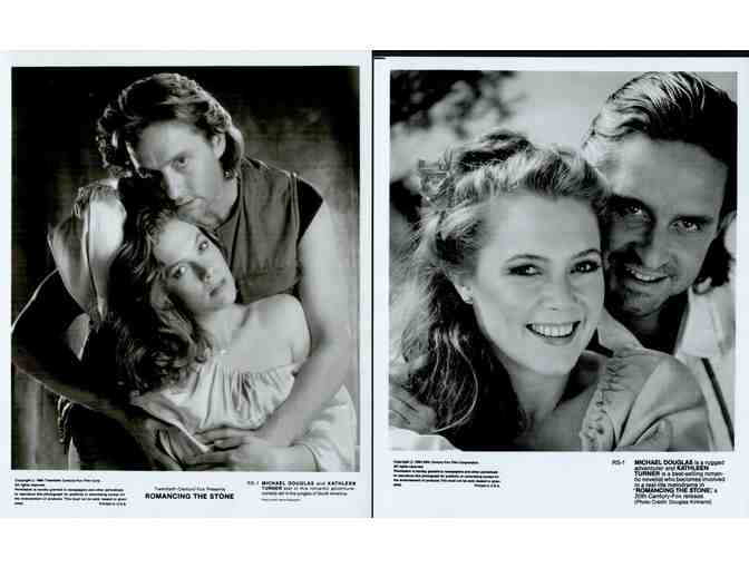 ROMANCING THE STONE, 1984, cards and stills, Michael Douglas, Kathleen Turner