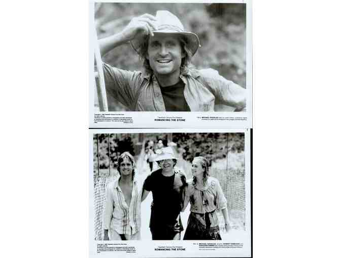 ROMANCING THE STONE, 1984, cards and stills, Michael Douglas, Kathleen Turner