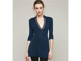 Magaschoni:  Peacock Blue Beaded Tunic and one Silk Cashmere Black Legging with Snaps