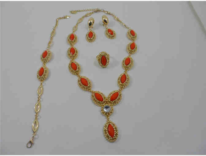 Phantico orange 5-piece crystal rhinestone ring, bracelet, earrings, & necklace statement