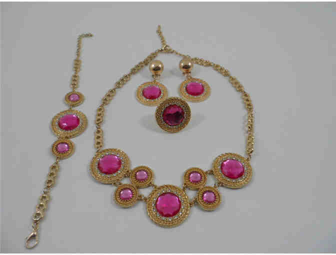 Shen pink 5-piece rhinestone crystal ring, bracelet, earrings, & necklace statement se