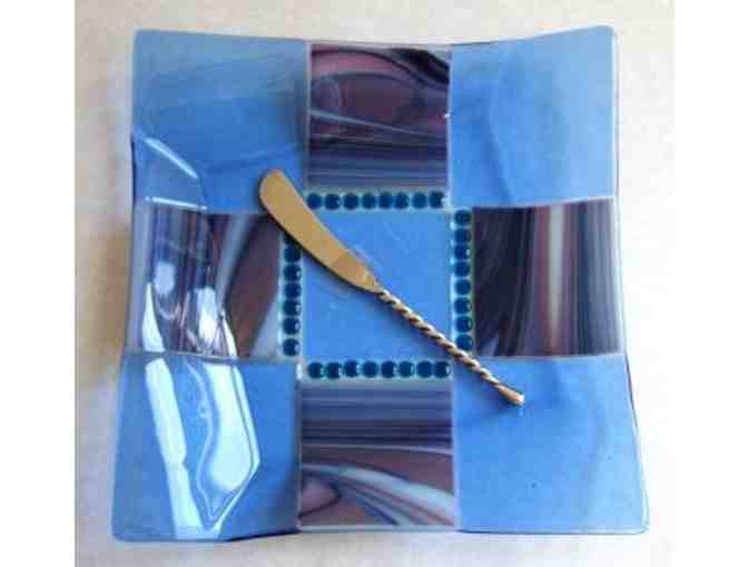 Glass Serving Plate (Blue Squares)