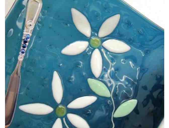 Glass Serving Plate (Dark Blue with Flowers)