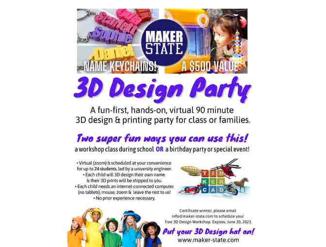 $500 MakerState Virtual 90-min 3D Design Workshop for up to 24 Kids