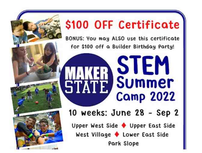 $100 off MakerState Builder Birthday Party or Summer Camp