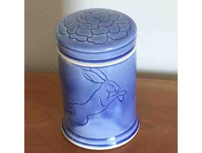 Blue Jar with Rabbit Designs from Michele Karam Pottery