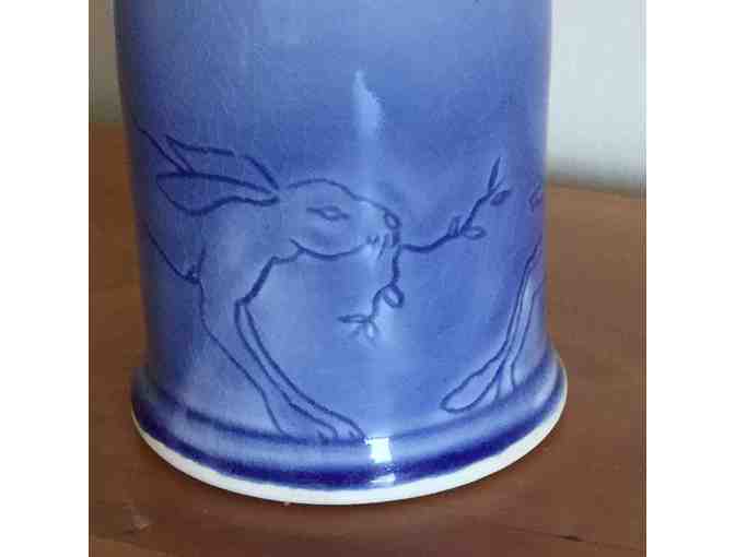 Blue Jar with Rabbit Designs from Michele Karam Pottery