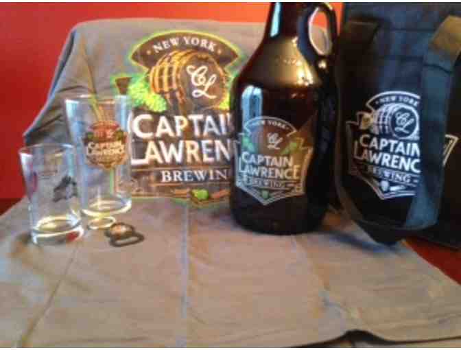 A gift certificate for a 64 oz. growler filling and a gift bag of Captain Lawrence goodies